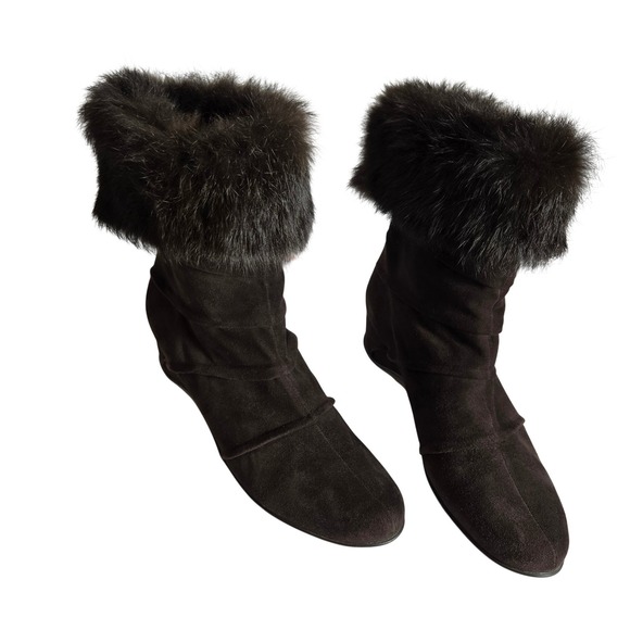 Aquatalia Chocolate Brown Suede Fur Trim Pull on Wedge Boots Women's Size 9 - Picture 5 of 10